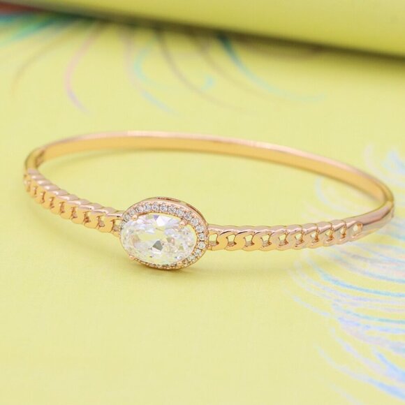 Oval Stone Rose Gold Bangle with Chain-Style Detailing, XPBL0443 - Picture 4 of 12